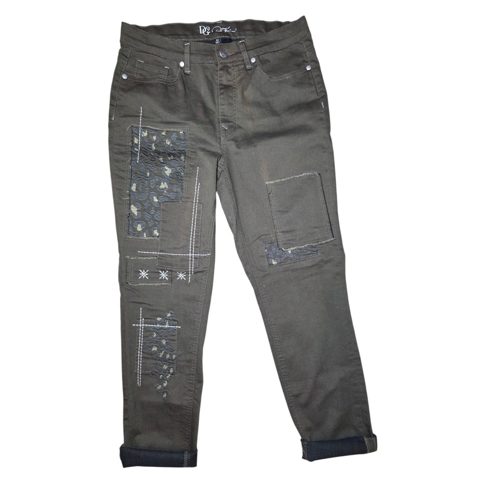 DG2 By Diane Gilman Olive Green Patchwork Embroidered Stretch Jeans‎ Mid Rise 10